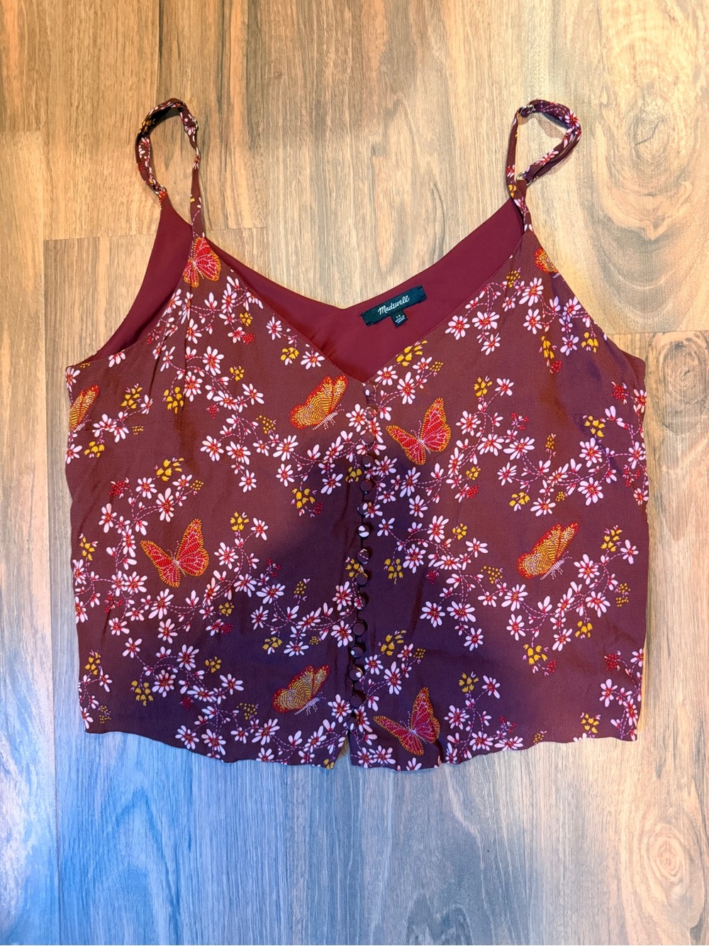 Madewell Burgundy Butterfly Floral Button-Front Crop Cami — Size 14